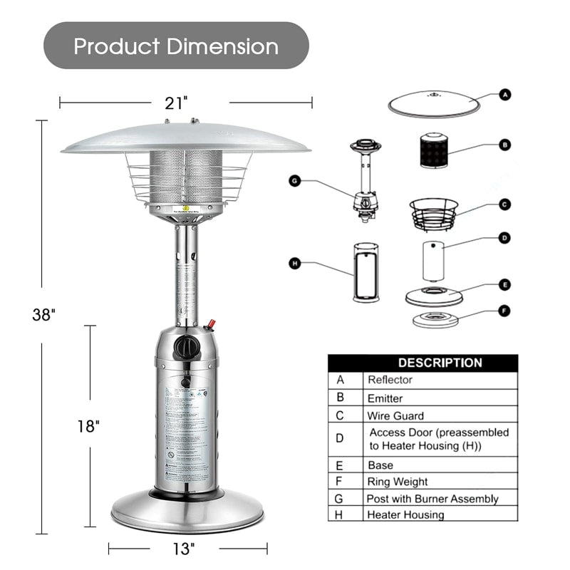 11,000 BTU Tabletop Propane Patio Heater, Portable Stainless Steel Outdoor Heater with Adjustable Flame & Tip-Over Protection for Backyard Restaurant