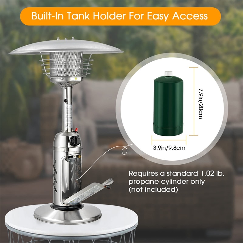 11,000 BTU Tabletop Propane Patio Heater, Portable Stainless Steel Outdoor Heater with Adjustable Flame & Tip-Over Protection for Backyard Restaurant