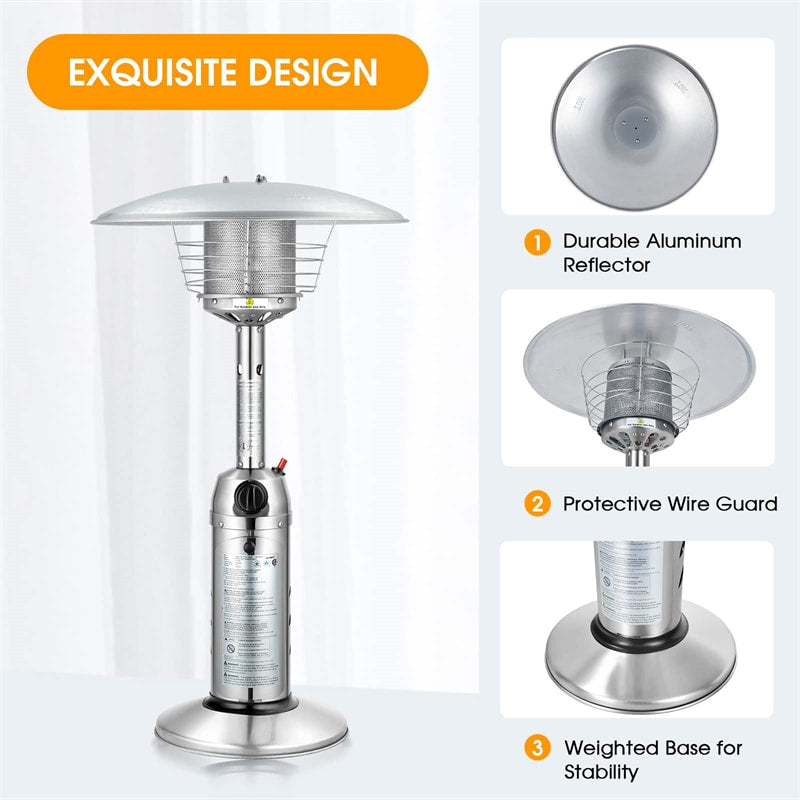 11,000 BTU Tabletop Propane Patio Heater, Portable Stainless Steel Outdoor Heater with Adjustable Flame & Tip-Over Protection for Backyard Restaurant