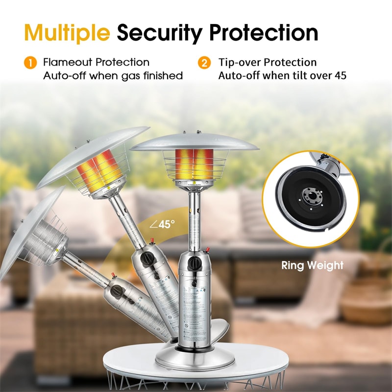 11,000 BTU Tabletop Propane Patio Heater, Portable Stainless Steel Outdoor Heater with Adjustable Flame & Tip-Over Protection for Backyard Restaurant