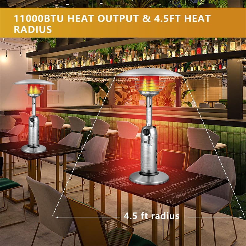 11,000 BTU Tabletop Propane Patio Heater, Portable Stainless Steel Outdoor Heater with Adjustable Flame & Tip-Over Protection for Backyard Restaurant