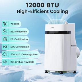 12000 BTU Portable Air Conditioner, 3-in-1 AC Unit with Fan, Dehumidifier & Sleep Mode, 24H Timer, Window Kit, Cools Room up to 550 Sq. Ft