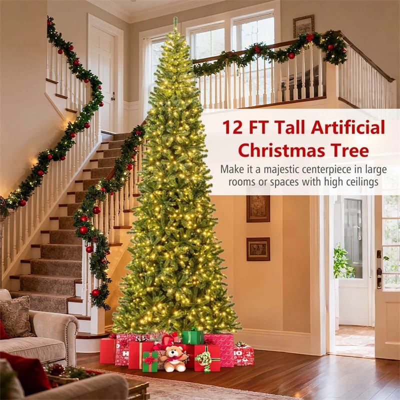 12 FT Pre-Lit Artificial Christmas Tree with Quick Power Connector, 1030 Warm White LED Lights, 2536 Tips & Hinged for Indoor Outdoor Decoration
