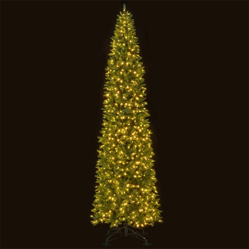 12 FT Pre-Lit Slim Pencil Christmas Tree with 1000 Warm White LED Lights, 2840 Hinged Branch Tips & Folding Stand for Indoor Outdoor Holiday Decor