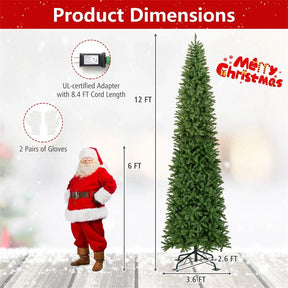 12 FT Pre-Lit Slim Pencil Christmas Tree with 1000 Warm White LED Lights, 2840 Hinged Branch Tips & Folding Stand for Indoor Outdoor Holiday Decor