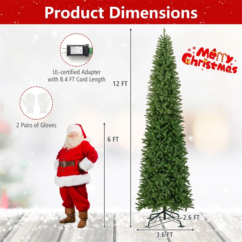12 FT Pre-Lit Slim Pencil Christmas Tree with 1000 Warm White LED Lights, 2840 Hinged Branch Tips & Folding Stand for Indoor Outdoor Holiday Decor