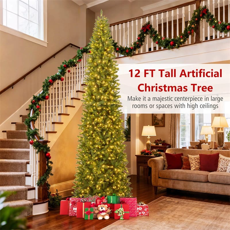 12 FT Pre-Lit Slim Pencil Christmas Tree with 1000 Warm White LED Lights, 2840 Hinged Branch Tips & Folding Stand for Indoor Outdoor Holiday Decor