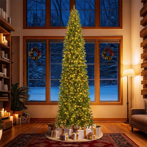 12 FT Pre-Lit Slim Pencil Christmas Tree with 1000 Warm White LED Lights, 2840 Hinged Branch Tips & Folding Stand for Indoor Outdoor Holiday Decor