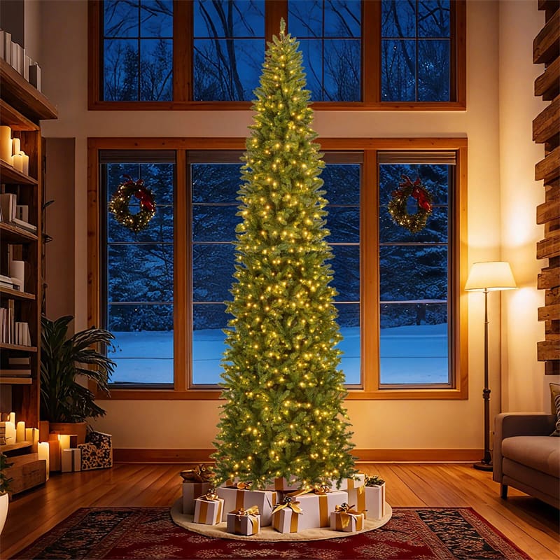 12 FT Pre-Lit Slim Pencil Christmas Tree with 1000 Warm White LED Lights, 2840 Hinged Branch Tips & Folding Stand for Indoor Outdoor Holiday Decor