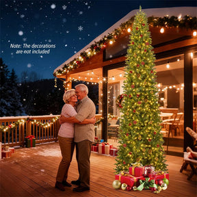 12 FT Pre-Lit Slim Pencil Christmas Tree with 1000 Warm White LED Lights, 2840 Hinged Branch Tips & Folding Stand for Indoor Outdoor Holiday Decor
