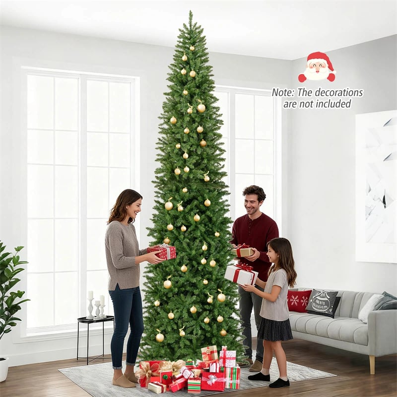 12 FT Pre-Lit Slim Pencil Christmas Tree with 1000 Warm White LED Lights, 2840 Hinged Branch Tips & Folding Stand for Indoor Outdoor Holiday Decor