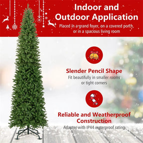 12 FT Pre-Lit Slim Pencil Christmas Tree with 1000 Warm White LED Lights, 2840 Hinged Branch Tips & Folding Stand for Indoor Outdoor Holiday Decor