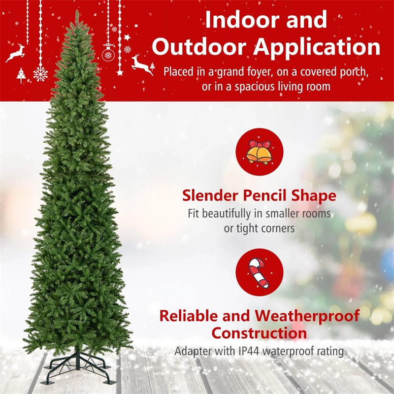 12 FT Pre-Lit Slim Pencil Christmas Tree with 1000 Warm White LED Lights, 2840 Hinged Branch Tips & Folding Stand for Indoor Outdoor Holiday Decor