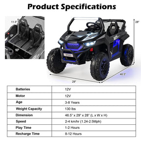 12V 2-Seater Kids Ride On UTV Car, Battery Powered RC Electric Vehicle with Lights & Music