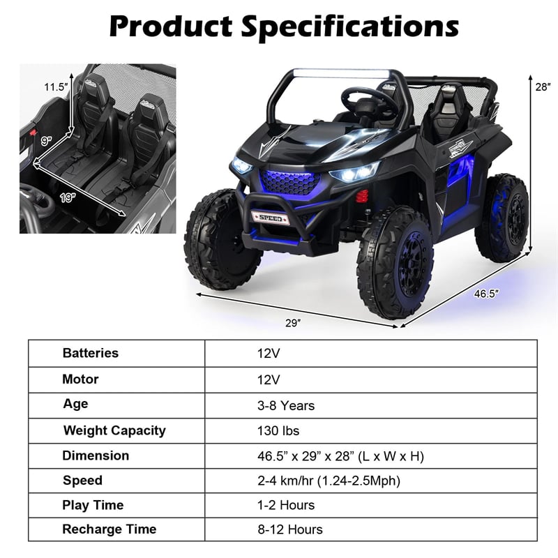 12V 2-Seater Kids Ride On UTV Car, Battery Powered RC Electric Vehicle with Lights & Music