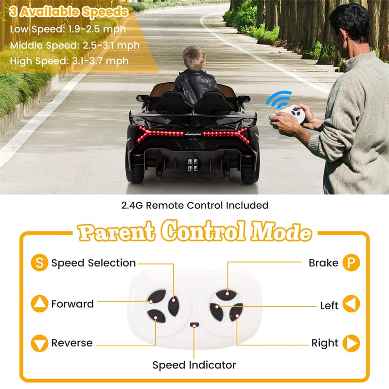 Lamborghini Licensed Kids Ride On 4WD Sports Car, 12V Battery Electric Vehicle Toy with Remote Control, 3 Speeds, Hydraulic Doors