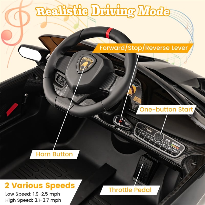 Lamborghini Licensed Kids Ride On 4WD Sports Car, 12V Battery Electric Vehicle Toy with Remote Control, 3 Speeds, Hydraulic Doors