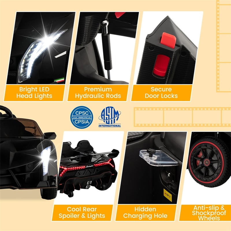 Lamborghini Licensed Kids Ride On 4WD Sports Car, 12V Battery Electric Vehicle Toy with Remote Control, 3 Speeds, Hydraulic Doors