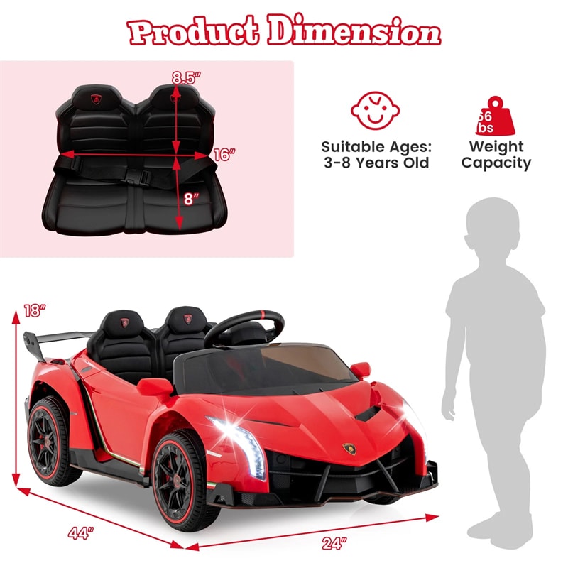 Lamborghini Licensed Kids Ride On 4WD Sports Car, 12V Battery Electric Vehicle Toy with Remote Control, 3 Speeds, Hydraulic Doors