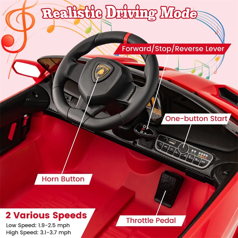 Lamborghini Licensed Kids Ride On 4WD Sports Car, 12V Battery Electric Vehicle Toy with Remote Control, 3 Speeds, Hydraulic Doors