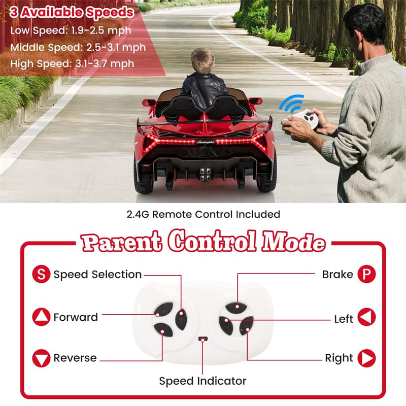 Lamborghini Licensed Kids Ride On 4WD Sports Car, 12V Battery Electric Vehicle Toy with Remote Control, 3 Speeds, Hydraulic Doors