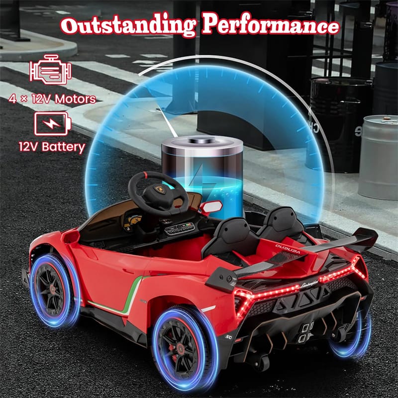 Lamborghini Licensed Kids Ride On 4WD Sports Car, 12V Battery Electric Vehicle Toy with Remote Control, 3 Speeds, Hydraulic Doors