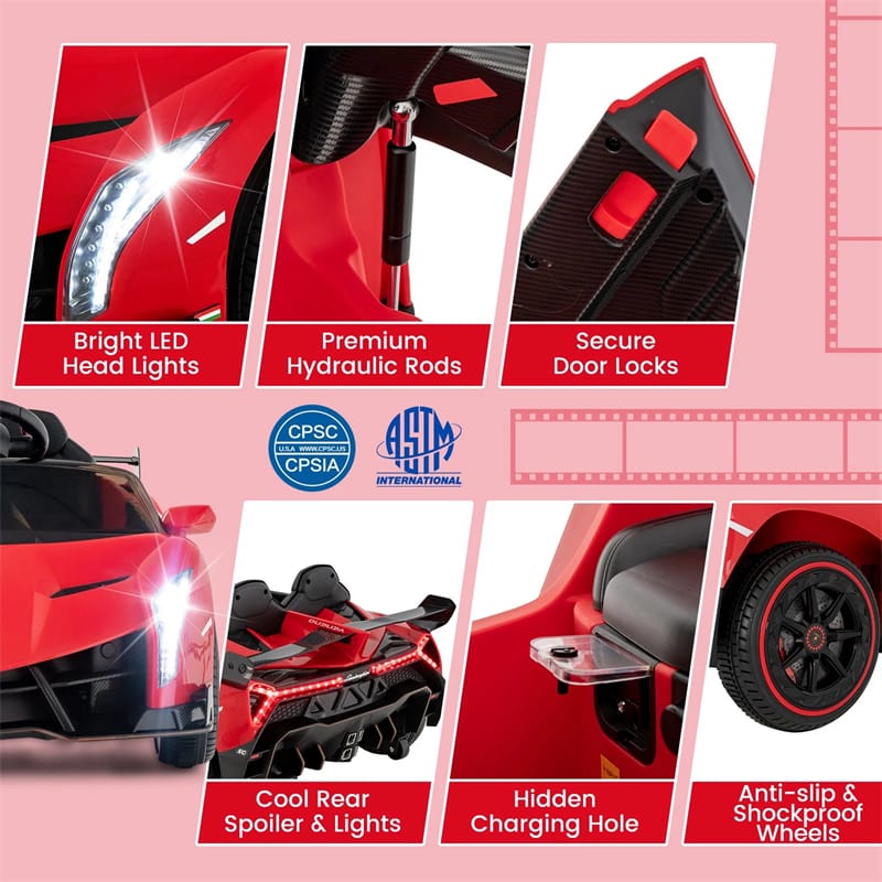 Lamborghini Licensed Kids Ride On 4WD Sports Car, 12V Battery Electric Vehicle Toy with Remote Control, 3 Speeds, Hydraulic Doors