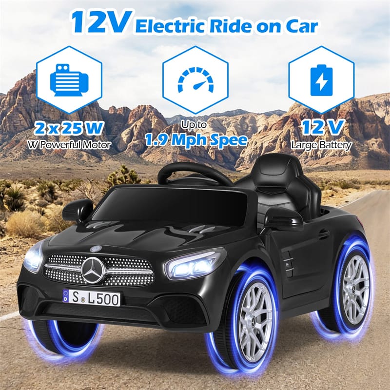 12V Kids Ride On Car, Licensed Mercedes-Benz SL500 Electric Vehicle with Remote Control, Spring Suspension, LED Lights & Music for Boys Girls
