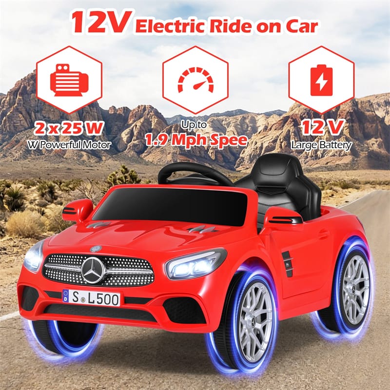 12V Kids Ride On Car, Licensed Mercedes-Benz SL500 Electric Vehicle with Remote Control, Spring Suspension, LED Lights & Music for Boys Girls