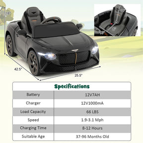 12V Licensed Bentley Bacalar Battery Kids Ride-on Toy Car with Remote Control, Scissor Doors, Lights & Sound Effects
