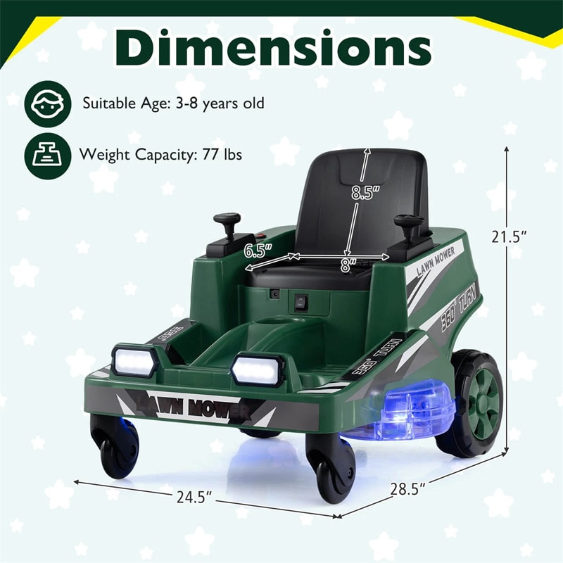 12V Kids Ride-On Lawn Mower with 360° Twist & Turn, Dual Control Sticks, LED Lights, Toddler Electric Car Toy for Boys & Girls Aged 3-8
