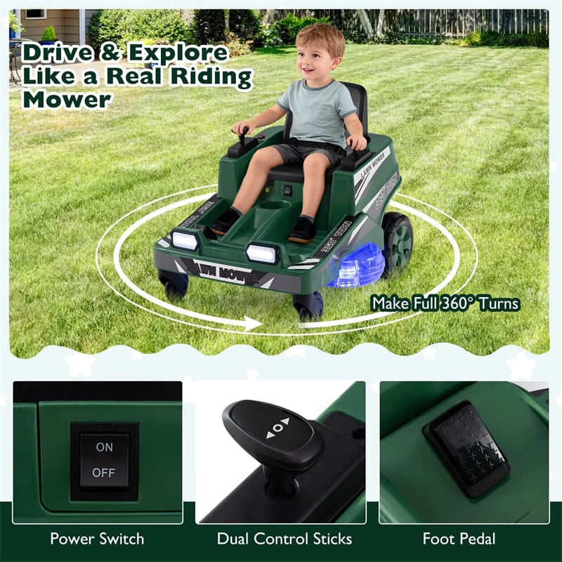 12V Kids Ride-On Lawn Mower with 360° Twist & Turn, Dual Control Sticks, LED Lights, Toddler Electric Car Toy for Boys & Girls Aged 3-8