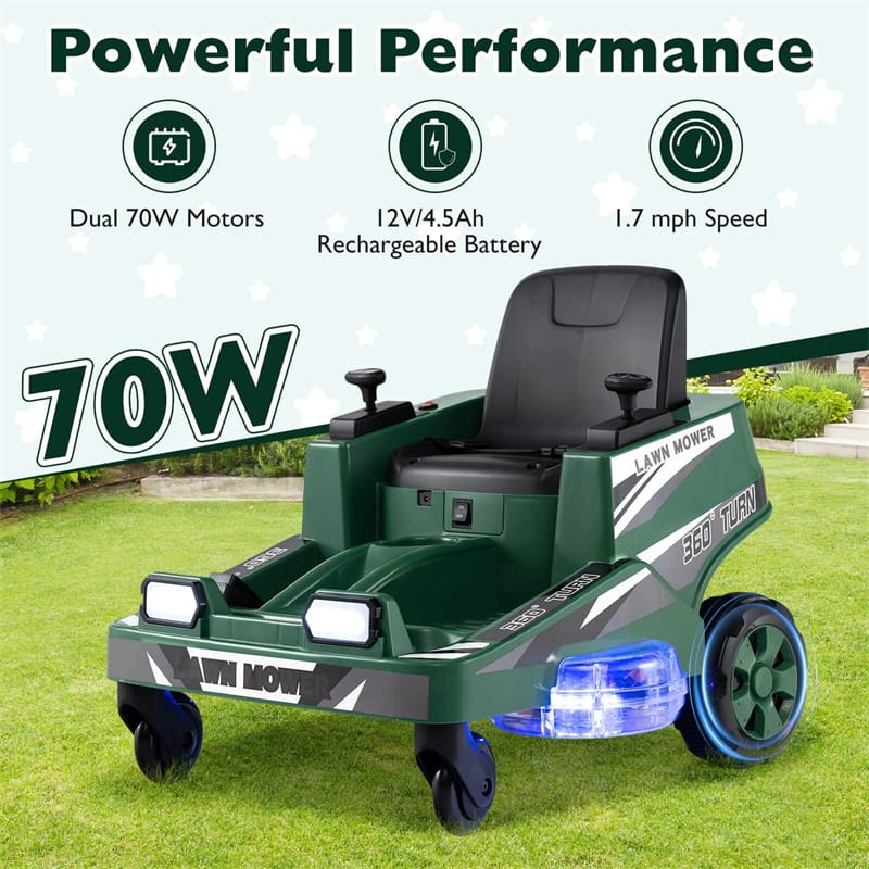 12V Kids Ride-On Lawn Mower with 360° Twist & Turn, Dual Control Sticks, LED Lights, Toddler Electric Car Toy for Boys & Girls Aged 3-8