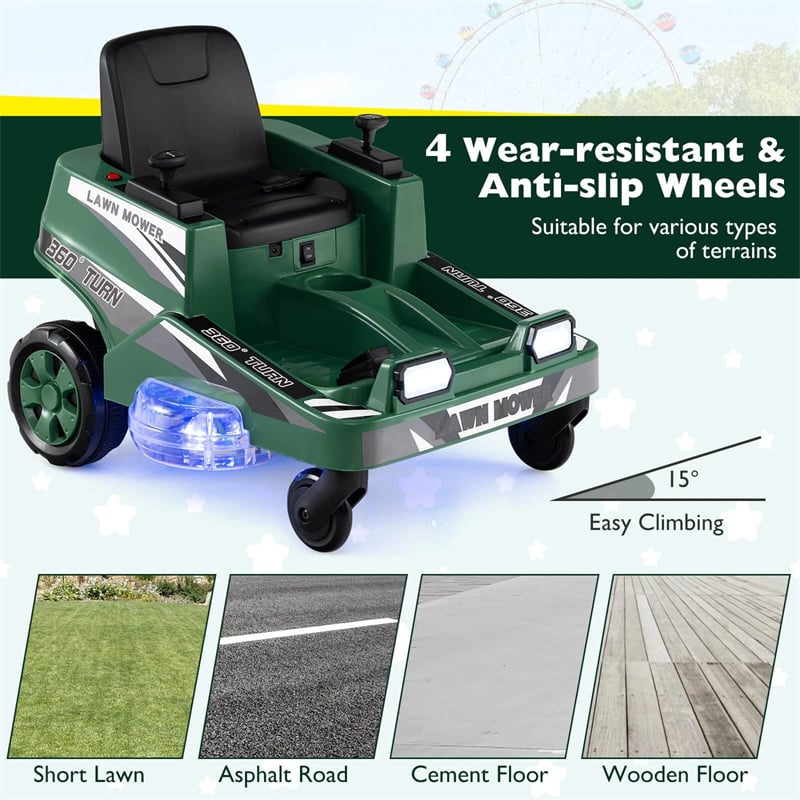 12V Kids Ride-On Lawn Mower with 360° Twist & Turn, Dual Control Sticks, LED Lights, Toddler Electric Car Toy for Boys & Girls Aged 3-8