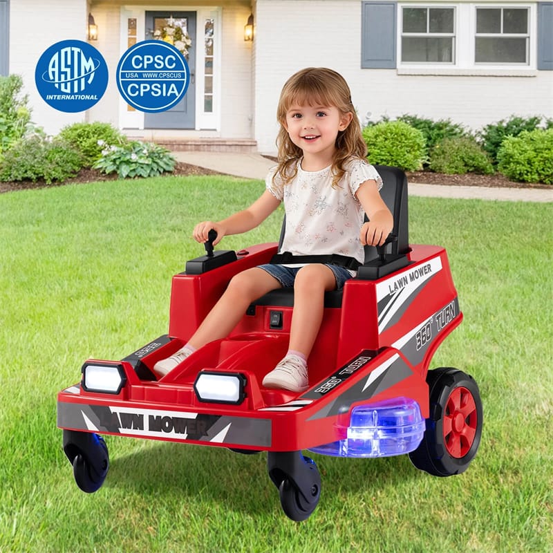 12V Kids Ride-On Lawn Mower with 360° Twist & Turn, Dual Control Sticks, LED Lights, Toddler Electric Car Toy for Boys & Girls Aged 3-8