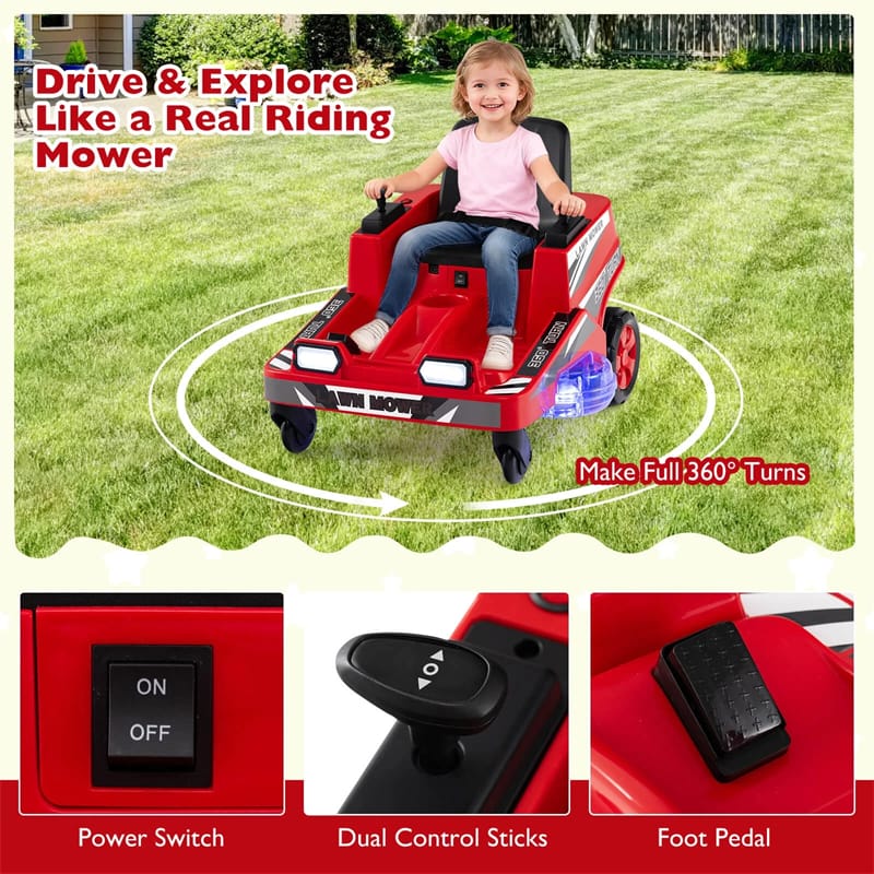 12V Kids Ride-On Lawn Mower with 360° Twist & Turn, Dual Control Sticks, LED Lights, Toddler Electric Car Toy for Boys & Girls Aged 3-8