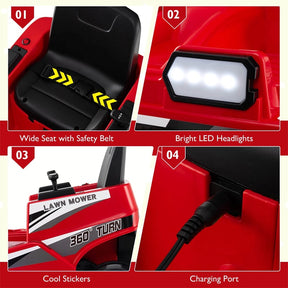 12V Kids Ride-On Lawn Mower with 360° Twist & Turn, Dual Control Sticks, LED Lights, Toddler Electric Car Toy for Boys & Girls Aged 3-8