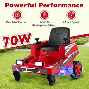 12V Kids Ride-On Lawn Mower with 360° Twist & Turn, Dual Control Sticks, LED Lights, Toddler Electric Car Toy for Boys & Girls Aged 3-8