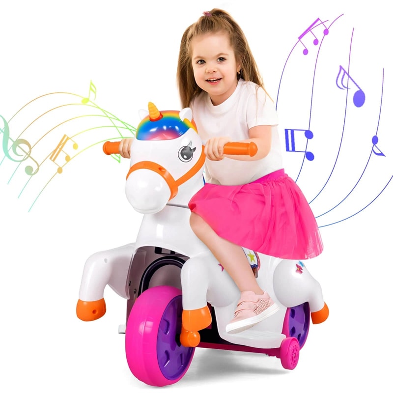 12V Unicorn Ride on Toy with Training Wheels & Horse Riding Mode, 3-Wheeler Battery Powered Motorized Electric Ride on Pony Toy Car for Kids