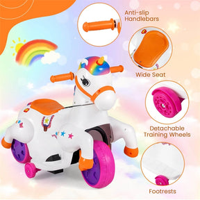 12V Unicorn Ride on Toy with Training Wheels & Horse Riding Mode, 3-Wheeler Battery Powered Motorized Electric Ride on Pony Toy Car for Kids