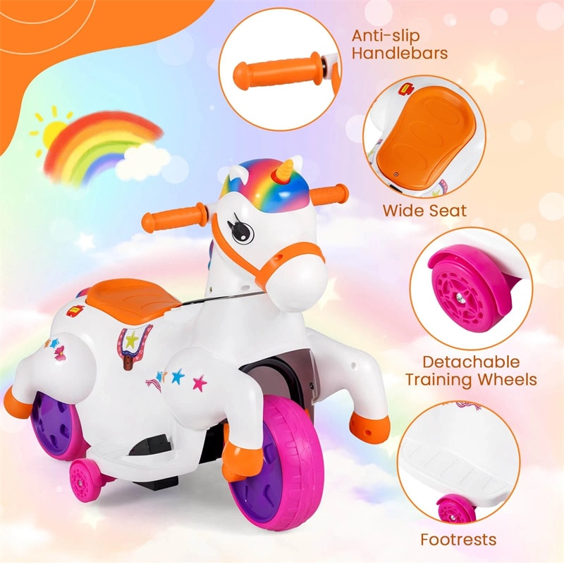 12V Unicorn Ride on Toy with Training Wheels & Horse Riding Mode, 3-Wheeler Battery Powered Motorized Electric Ride on Pony Toy Car for Kids