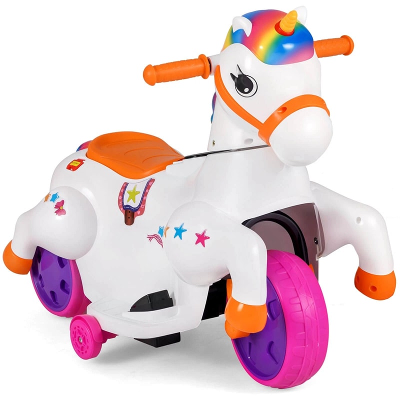 12V Unicorn Ride on Toy with Training Wheels & Horse Riding Mode, 3-Wheeler Battery Powered Motorized Electric Ride on Pony Toy Car for Kids