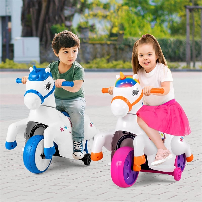 12V Unicorn Ride on Toy with Training Wheels & Horse Riding Mode, 3-Wheeler Battery Powered Motorized Electric Ride on Pony Toy Car for Kids