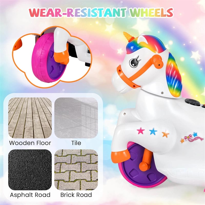 12V Unicorn Ride on Toy with Training Wheels & Horse Riding Mode, 3-Wheeler Battery Powered Motorized Electric Ride on Pony Toy Car for Kids