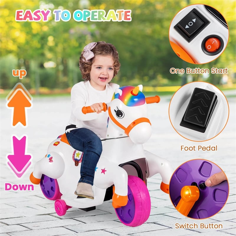 12V Unicorn Ride on Toy with Training Wheels & Horse Riding Mode, 3-Wheeler Battery Powered Motorized Electric Ride on Pony Toy Car for Kids