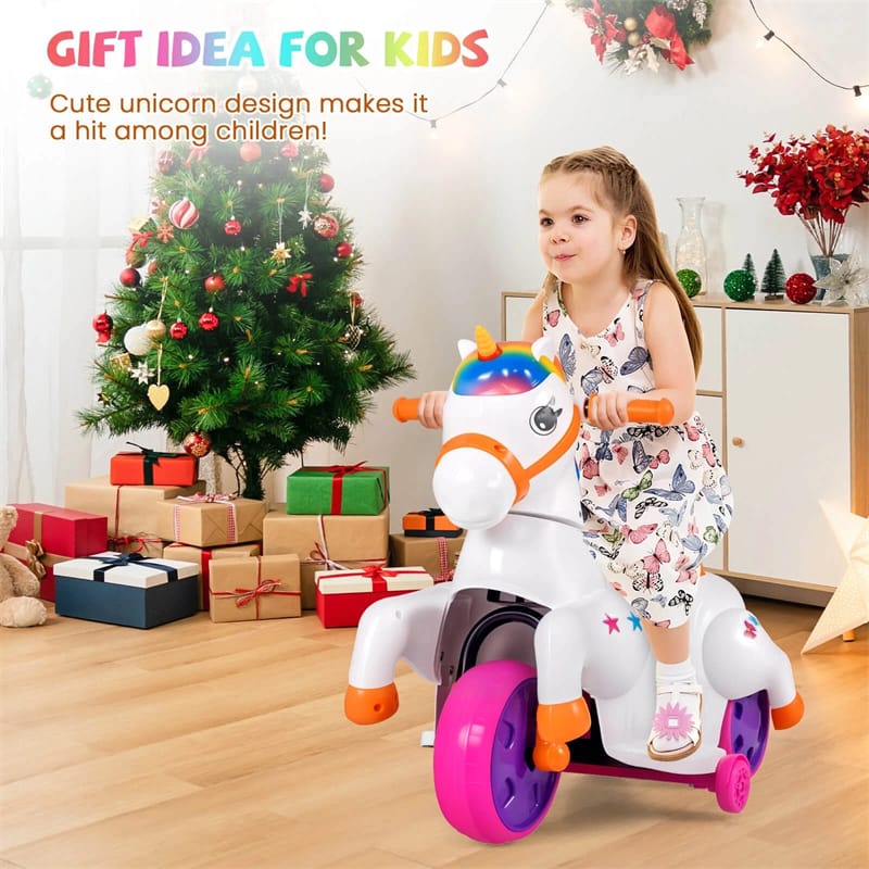 12V Unicorn Ride on Toy with Training Wheels & Horse Riding Mode, 3-Wheeler Battery Powered Motorized Electric Ride on Pony Toy Car for Kids