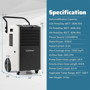 154 Pints Commercial Dehumidifier with Pump & Drain Hose, Heavy Duty Portable Industrial for Home Basements Job Sites
