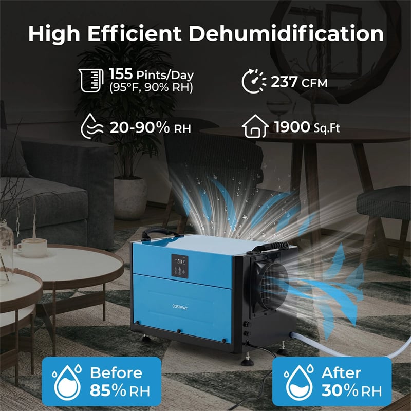 155 PPD Commercial Dehumidifier, 1900 Sq.Ft Crawl Space Dehumidifier with Drain Hose, Auto Defrost, 3 Modes & 24H Timer for Basement, Warehouse