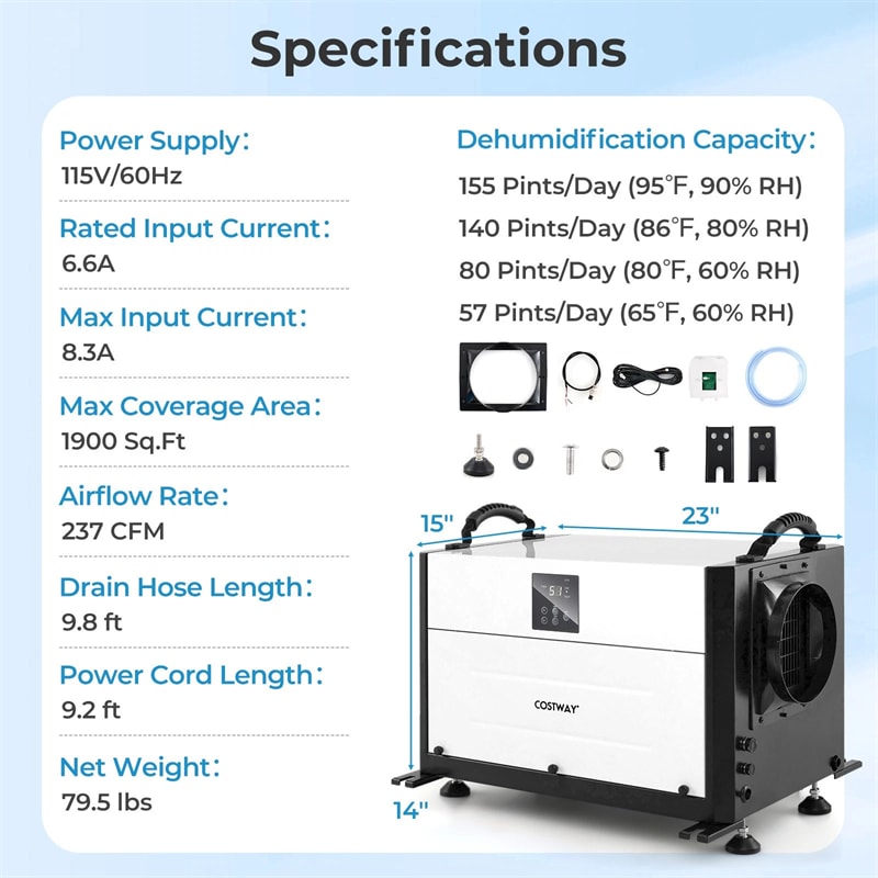 155 PPD Commercial Dehumidifier, 1900 Sq.Ft Crawl Space Dehumidifier with Drain Hose, Auto Defrost, 3 Modes & 24H Timer for Basement, Warehouse