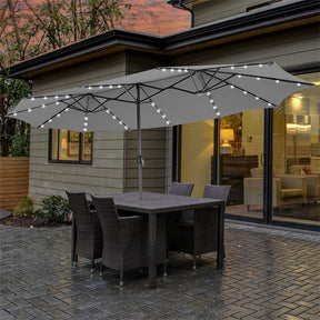 15FT Double-Sided Patio Umbrella with 48 Solar LED Lights & Crank, 12 Ribs Large Outdoor Market Umbrella for Poolside, Garden & Backyard